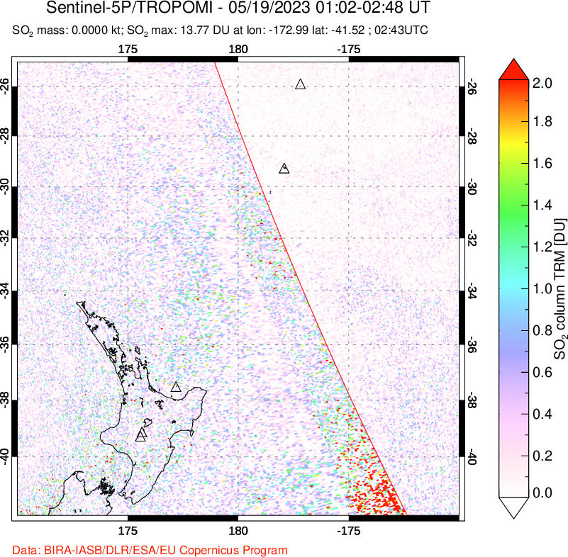 A sulfur dioxide image over New Zealand on May 19, 2023.