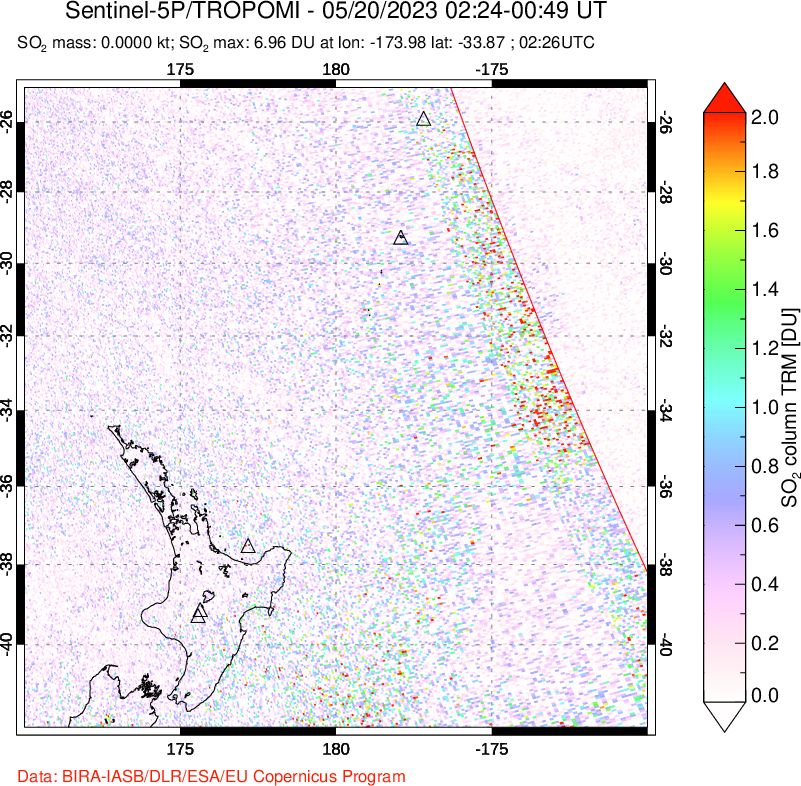 A sulfur dioxide image over New Zealand on May 20, 2023.