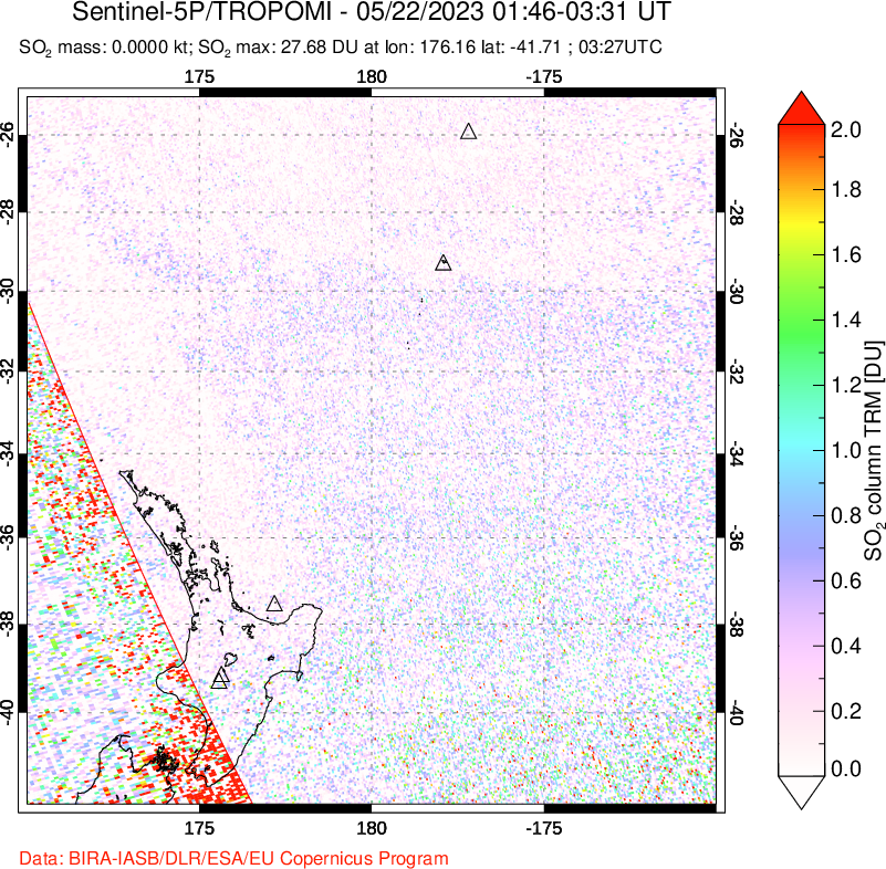 A sulfur dioxide image over New Zealand on May 22, 2023.