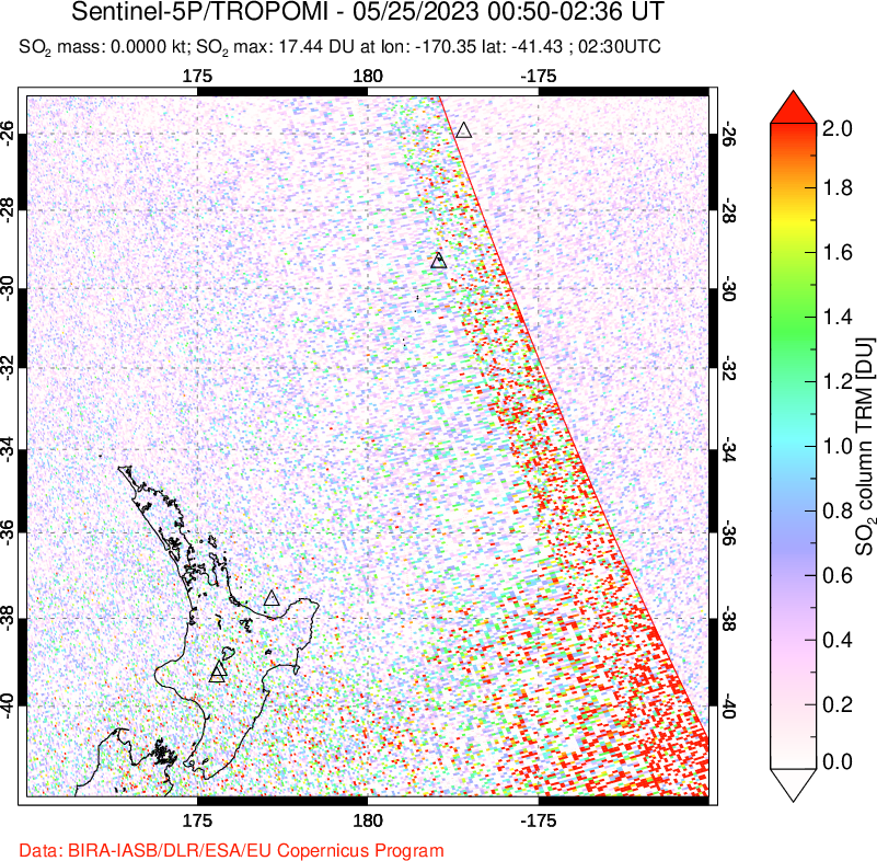 A sulfur dioxide image over New Zealand on May 25, 2023.
