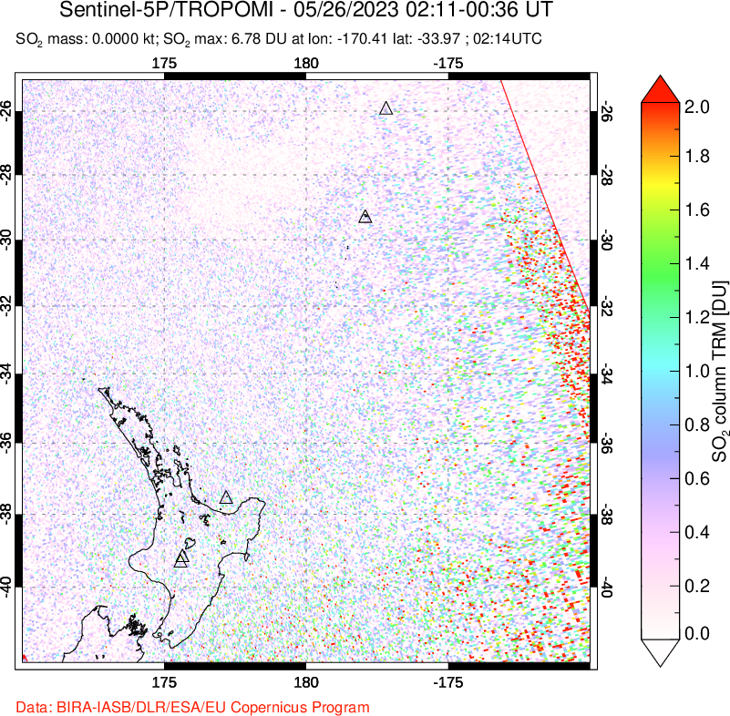A sulfur dioxide image over New Zealand on May 26, 2023.