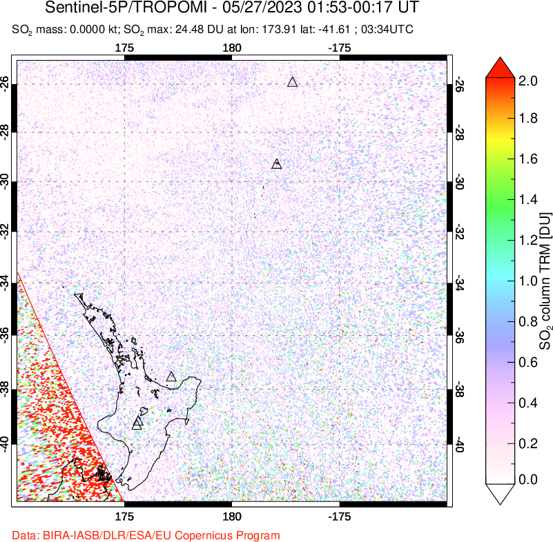 A sulfur dioxide image over New Zealand on May 27, 2023.
