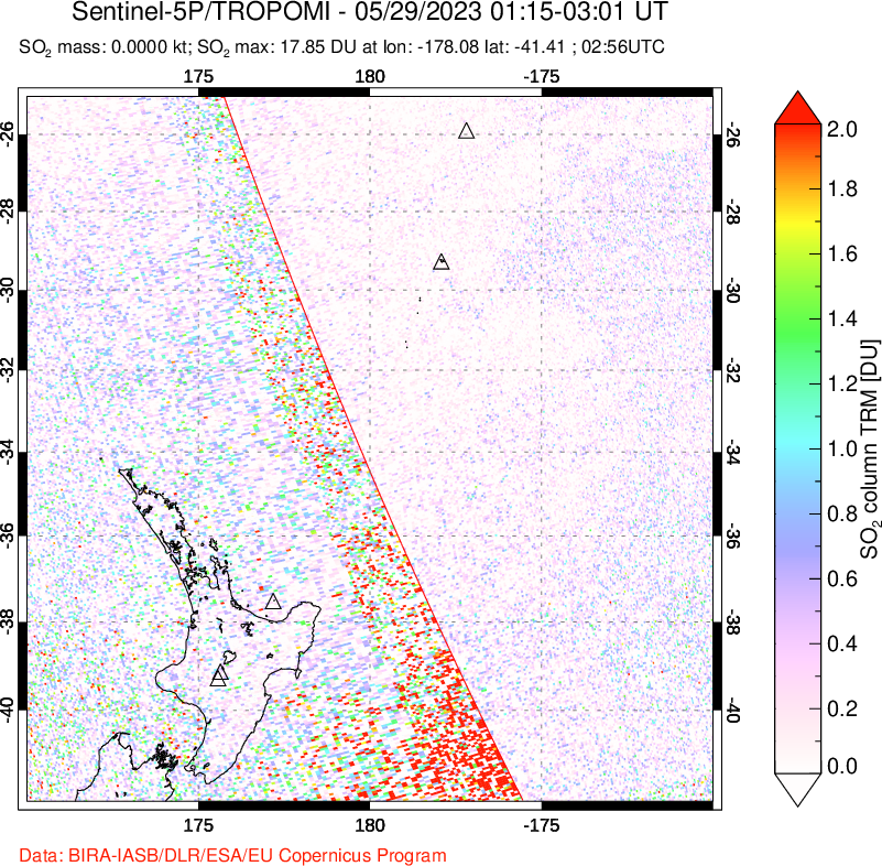 A sulfur dioxide image over New Zealand on May 29, 2023.