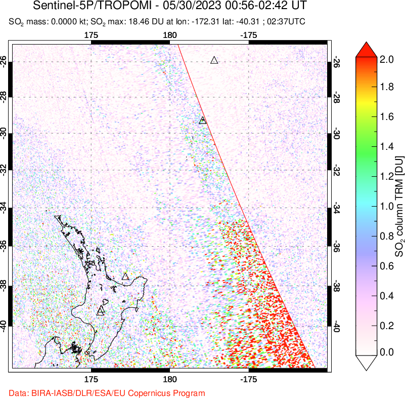 A sulfur dioxide image over New Zealand on May 30, 2023.