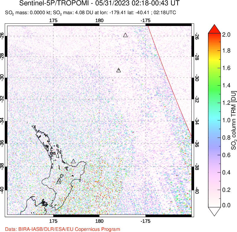 A sulfur dioxide image over New Zealand on May 31, 2023.
