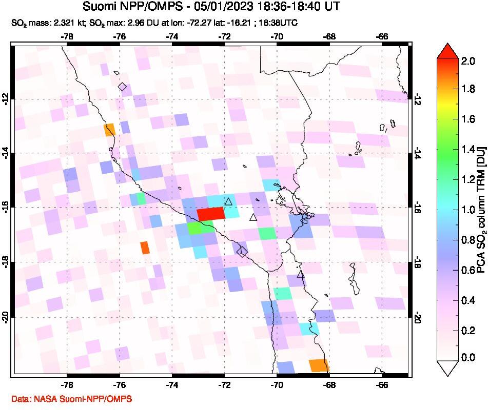 A sulfur dioxide image over Peru on May 01, 2023.