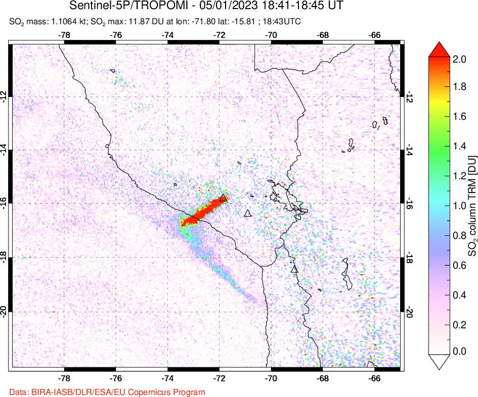 A sulfur dioxide image over Peru on May 01, 2023.