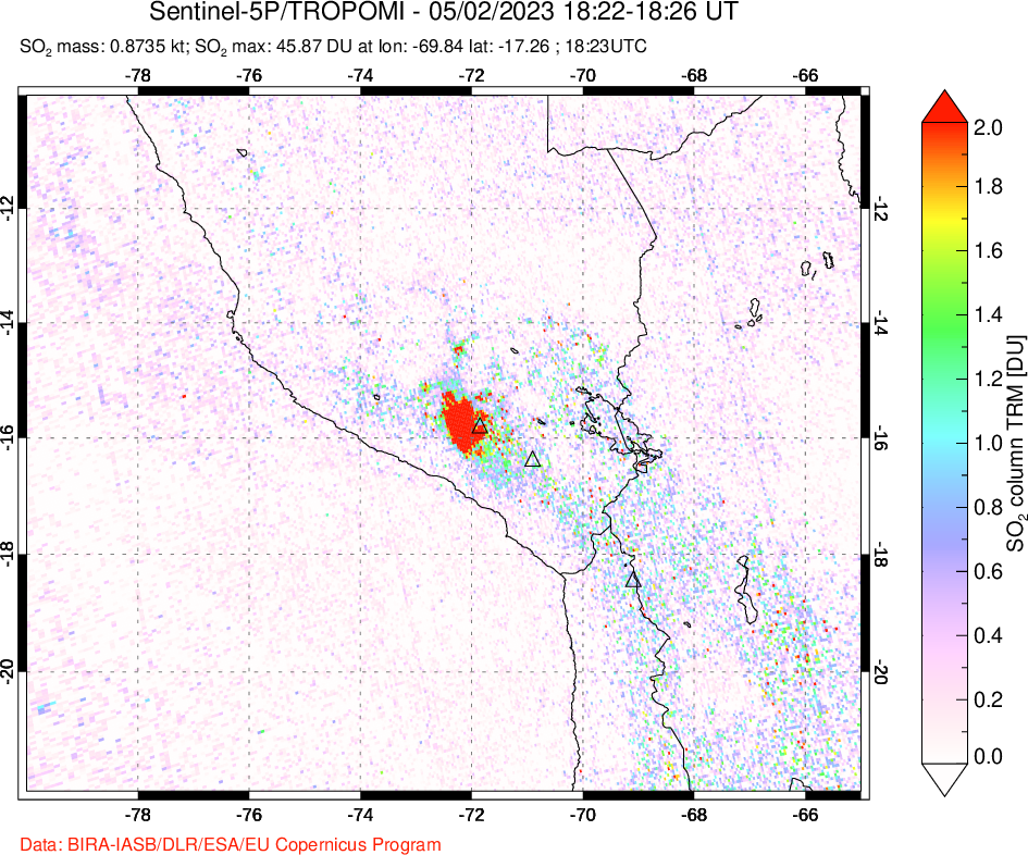 A sulfur dioxide image over Peru on May 02, 2023.