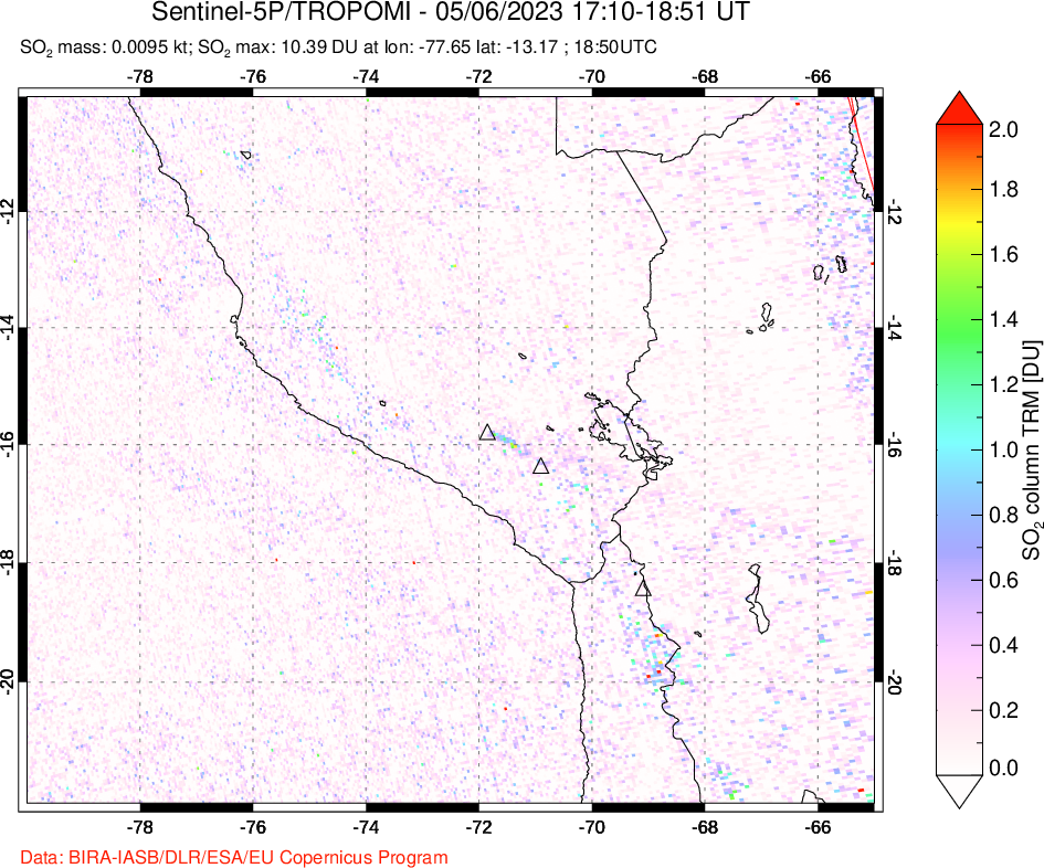 A sulfur dioxide image over Peru on May 06, 2023.
