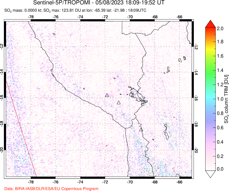 A sulfur dioxide image over Peru on May 08, 2023.