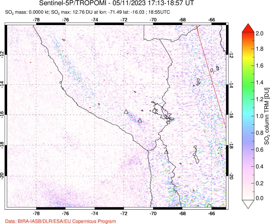 A sulfur dioxide image over Peru on May 11, 2023.