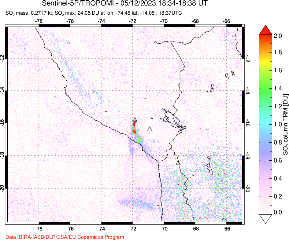 A sulfur dioxide image over Peru on May 12, 2023.