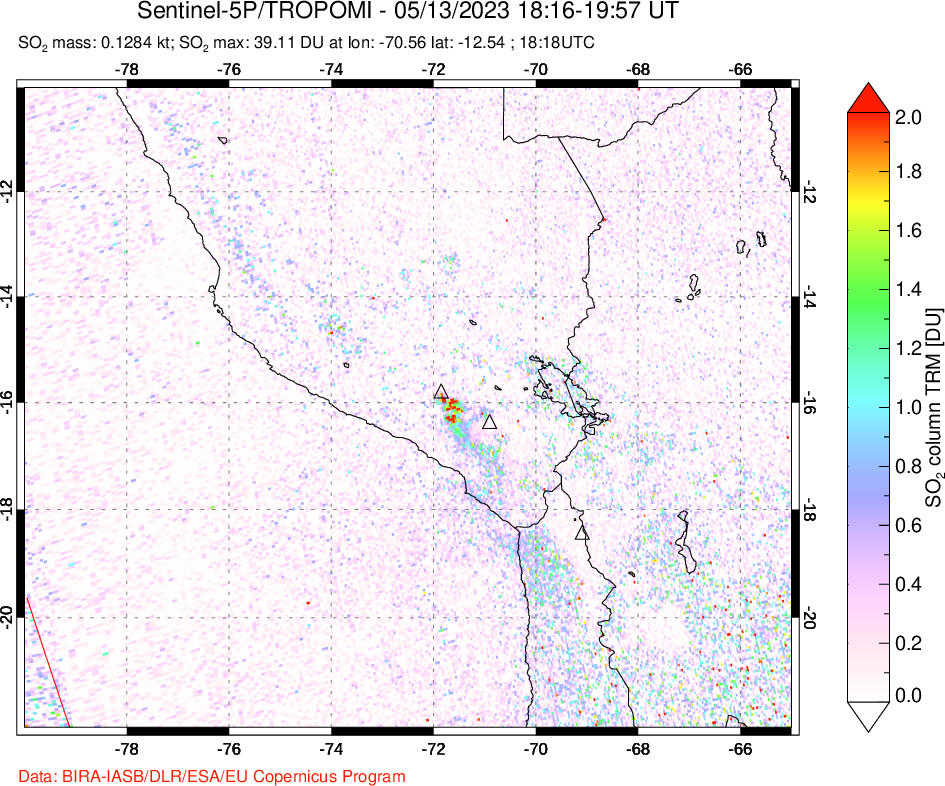 A sulfur dioxide image over Peru on May 13, 2023.