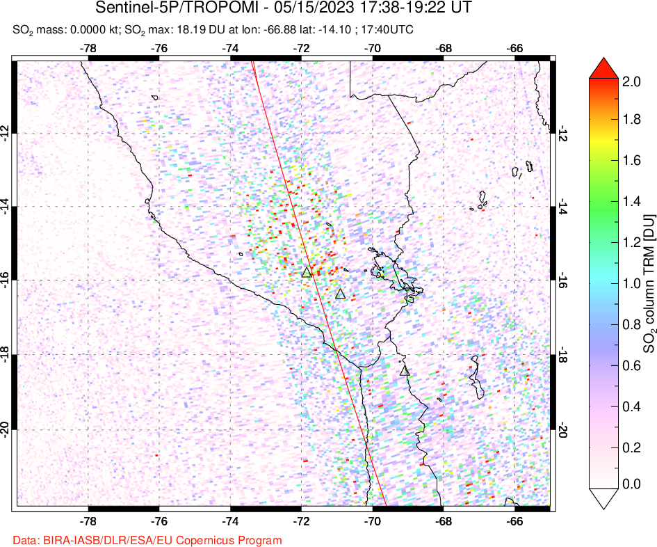 A sulfur dioxide image over Peru on May 15, 2023.