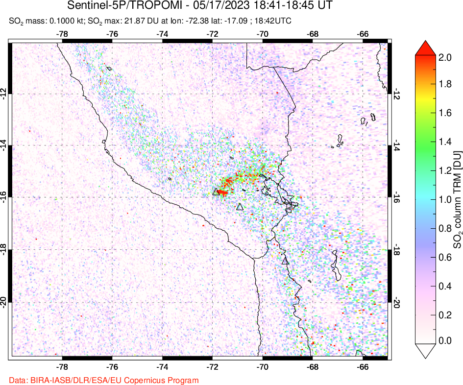 A sulfur dioxide image over Peru on May 17, 2023.