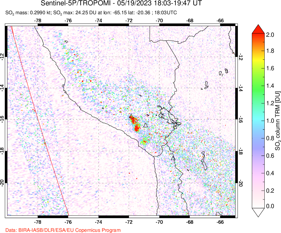 A sulfur dioxide image over Peru on May 19, 2023.