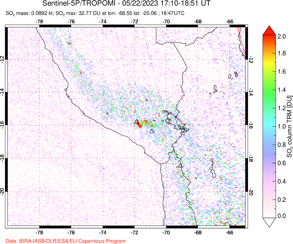A sulfur dioxide image over Peru on May 22, 2023.