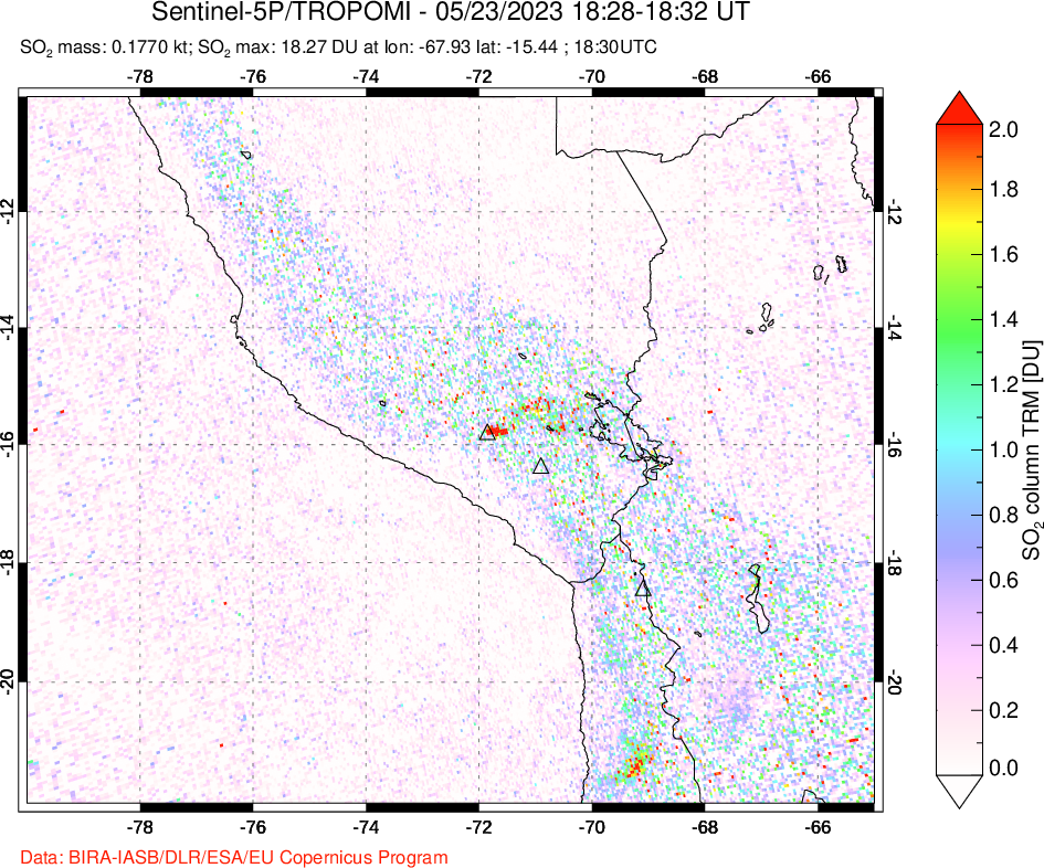 A sulfur dioxide image over Peru on May 23, 2023.