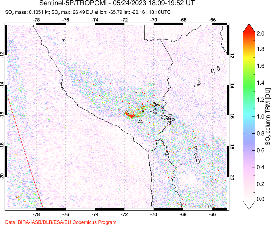 A sulfur dioxide image over Peru on May 24, 2023.