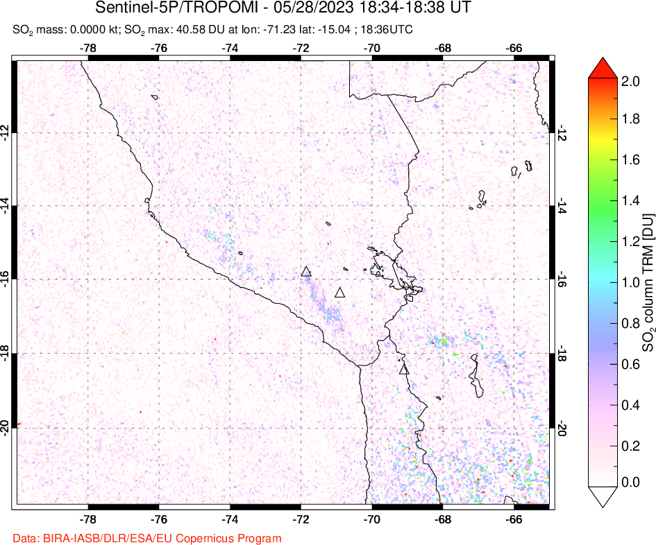A sulfur dioxide image over Peru on May 28, 2023.