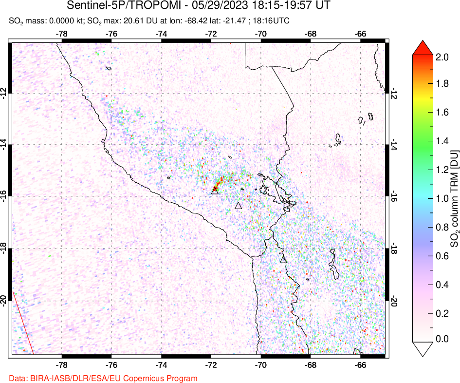 A sulfur dioxide image over Peru on May 29, 2023.