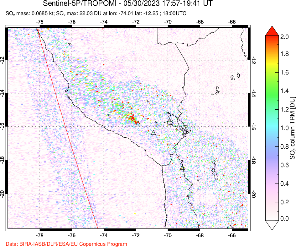 A sulfur dioxide image over Peru on May 30, 2023.