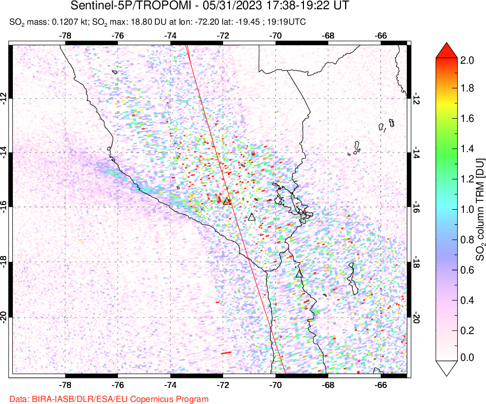 A sulfur dioxide image over Peru on May 31, 2023.
