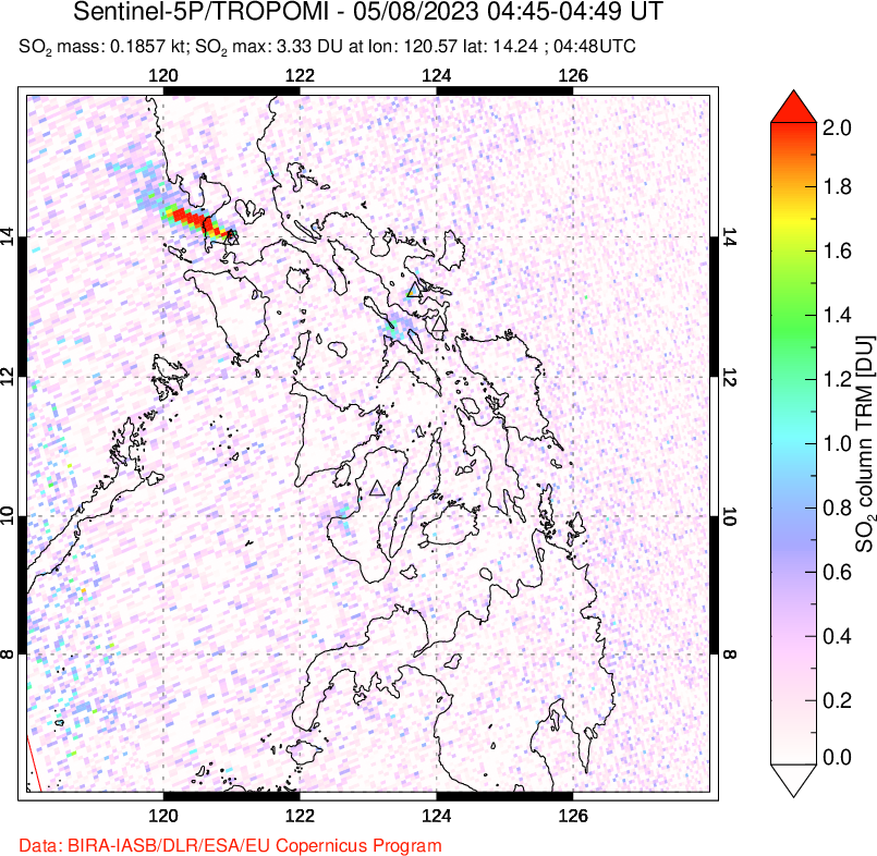 A sulfur dioxide image over Philippines on May 08, 2023.