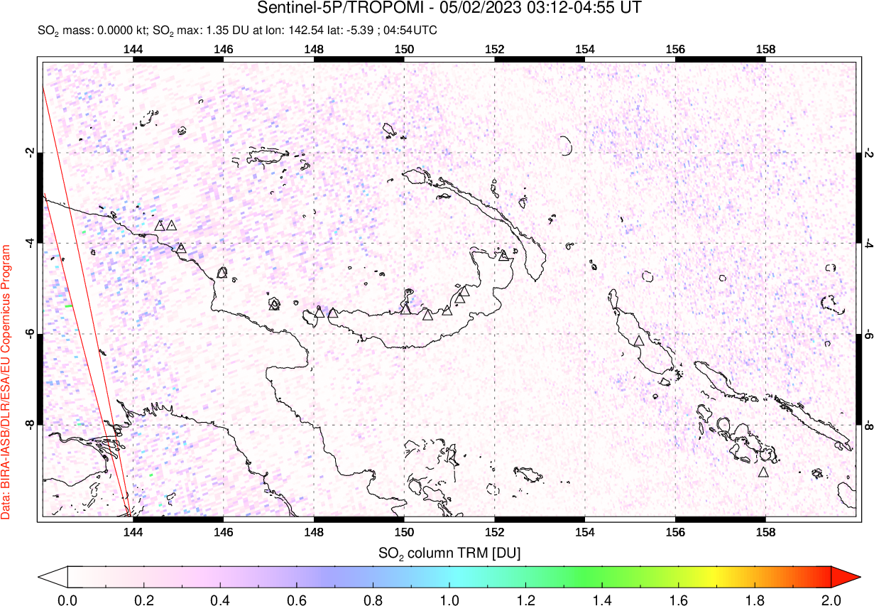 A sulfur dioxide image over Papua, New Guinea on May 02, 2023.
