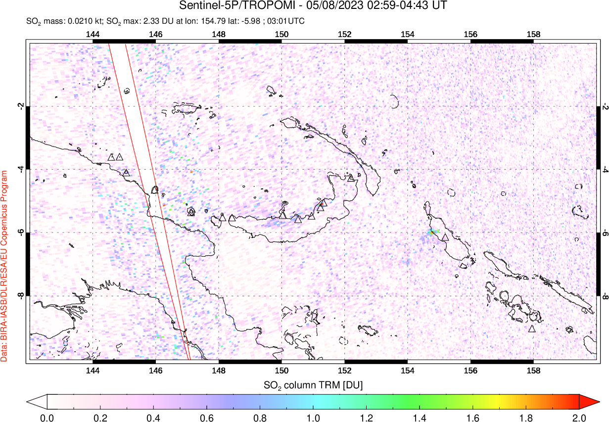 A sulfur dioxide image over Papua, New Guinea on May 08, 2023.