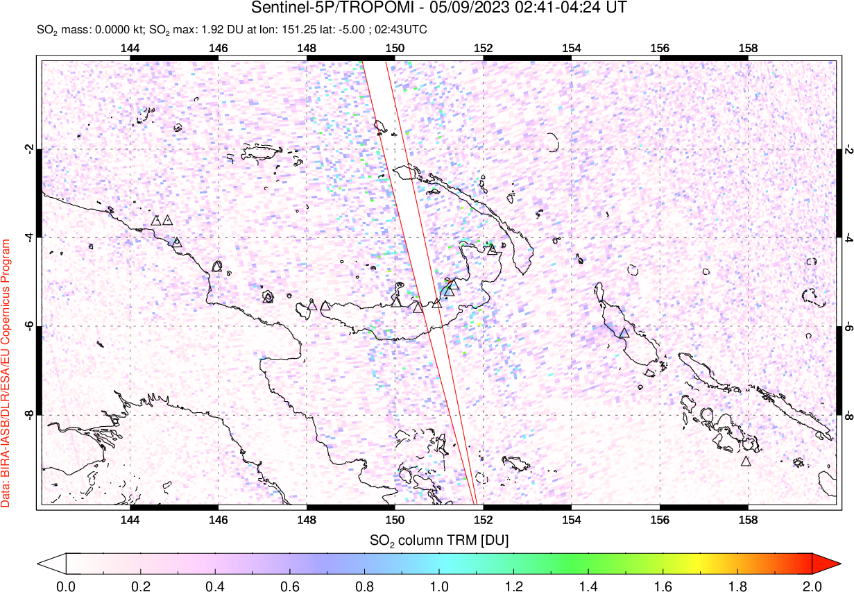 A sulfur dioxide image over Papua, New Guinea on May 09, 2023.