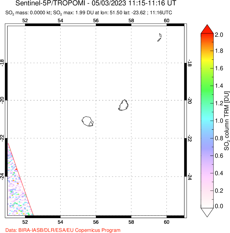 A sulfur dioxide image over Reunion Island, Indian Ocean on May 03, 2023.
