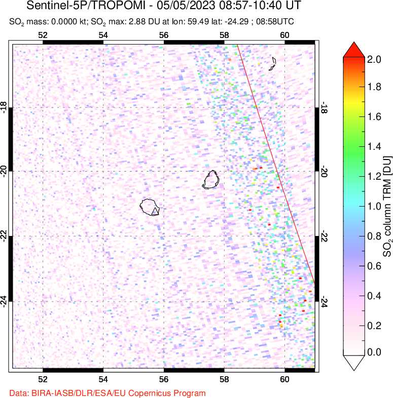 A sulfur dioxide image over Reunion Island, Indian Ocean on May 05, 2023.