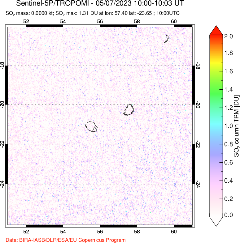 A sulfur dioxide image over Reunion Island, Indian Ocean on May 07, 2023.