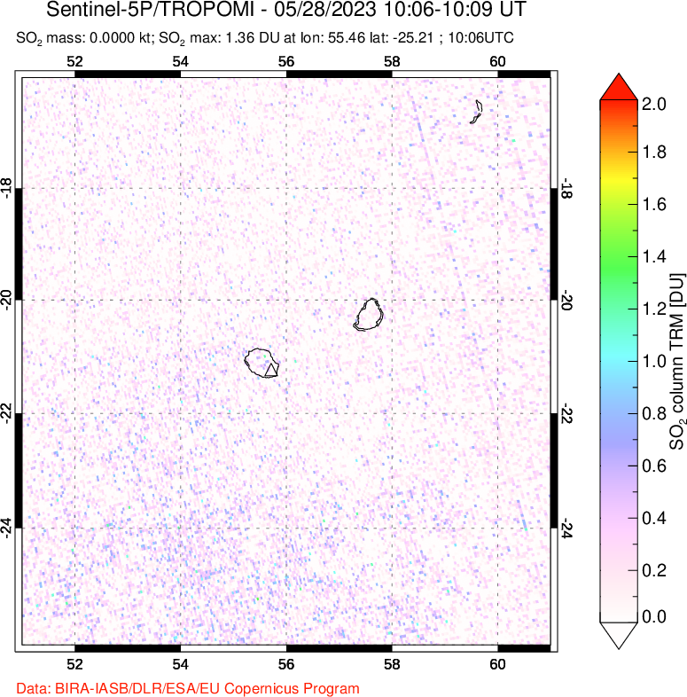 A sulfur dioxide image over Reunion Island, Indian Ocean on May 28, 2023.