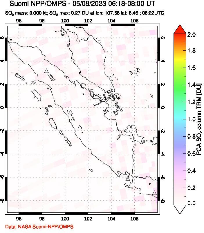 A sulfur dioxide image over Sumatra, Indonesia on May 08, 2023.