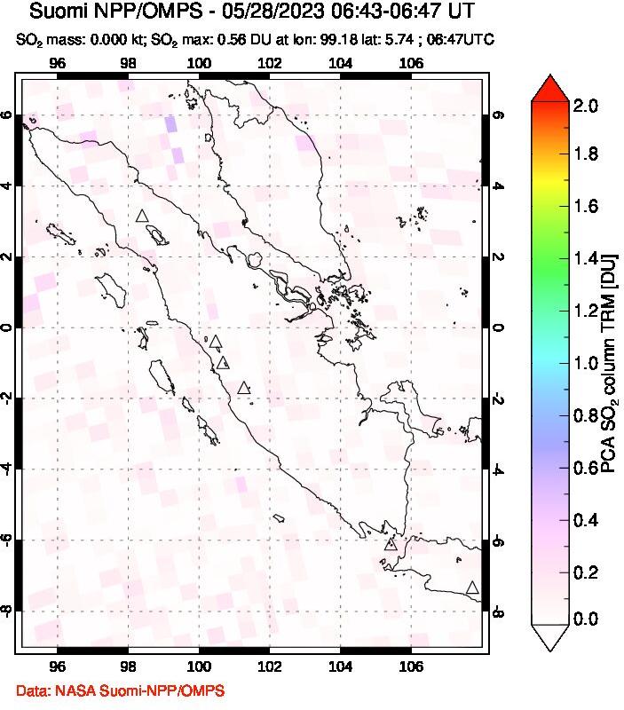 A sulfur dioxide image over Sumatra, Indonesia on May 28, 2023.