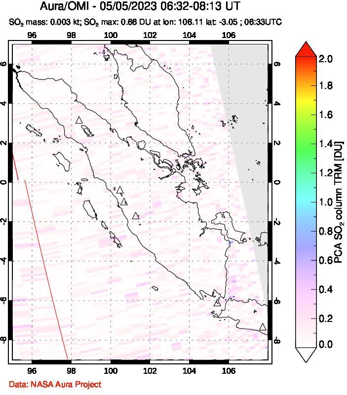 A sulfur dioxide image over Sumatra, Indonesia on May 05, 2023.