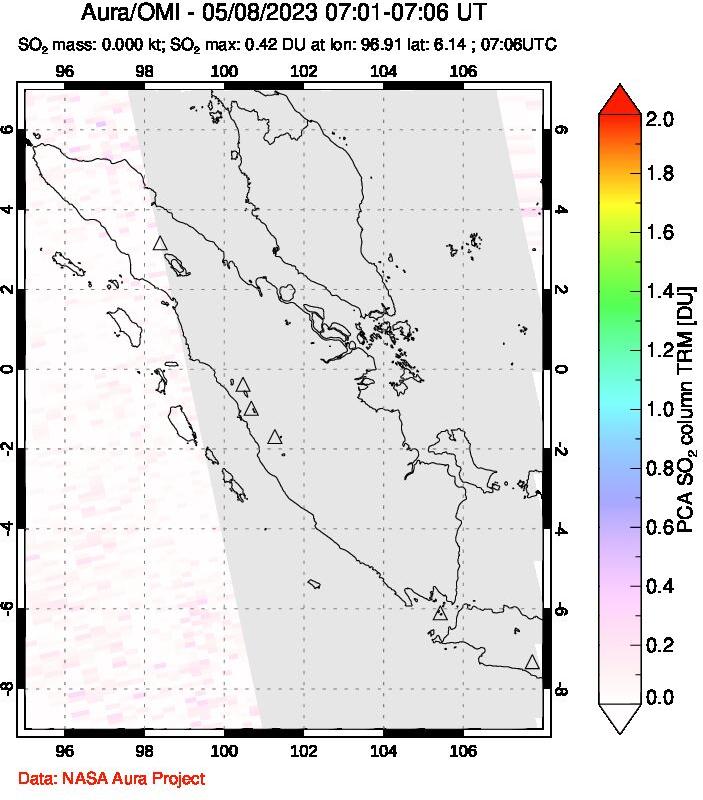 A sulfur dioxide image over Sumatra, Indonesia on May 08, 2023.