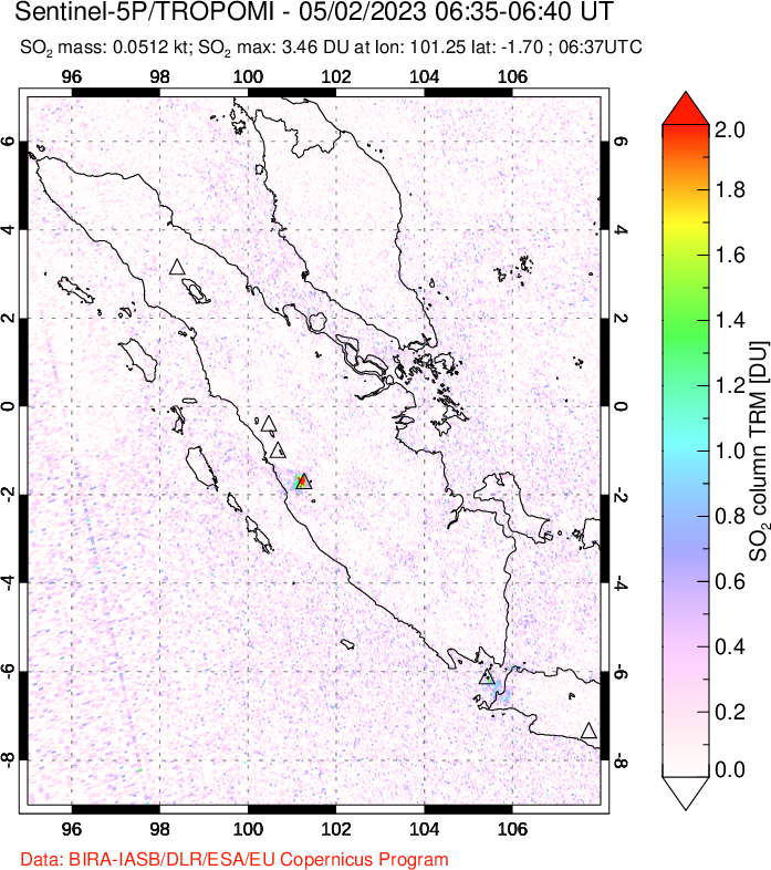 A sulfur dioxide image over Sumatra, Indonesia on May 02, 2023.
