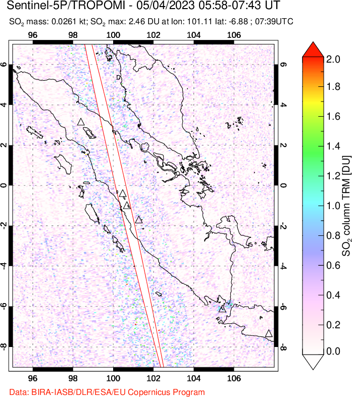 A sulfur dioxide image over Sumatra, Indonesia on May 04, 2023.