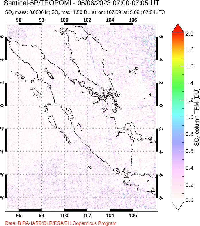 A sulfur dioxide image over Sumatra, Indonesia on May 06, 2023.