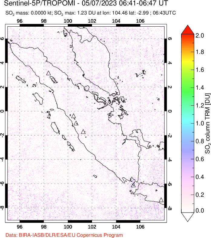 A sulfur dioxide image over Sumatra, Indonesia on May 07, 2023.