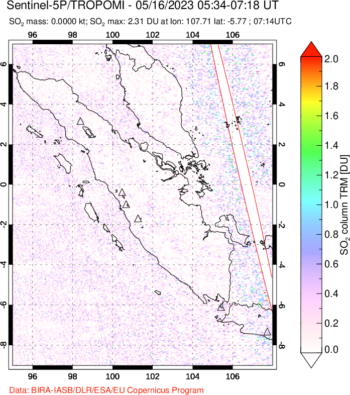 A sulfur dioxide image over Sumatra, Indonesia on May 16, 2023.