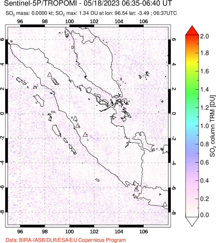 A sulfur dioxide image over Sumatra, Indonesia on May 18, 2023.
