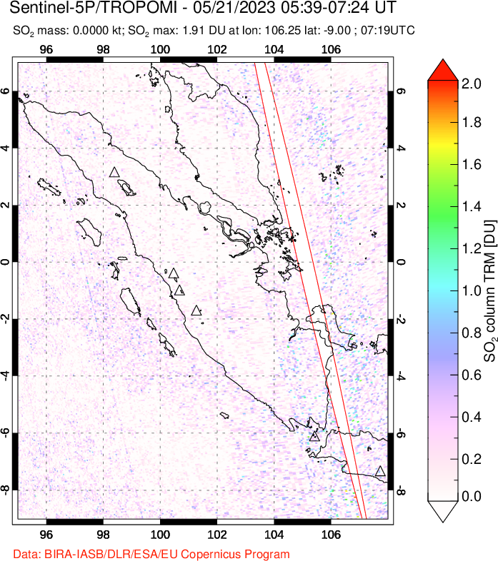 A sulfur dioxide image over Sumatra, Indonesia on May 21, 2023.