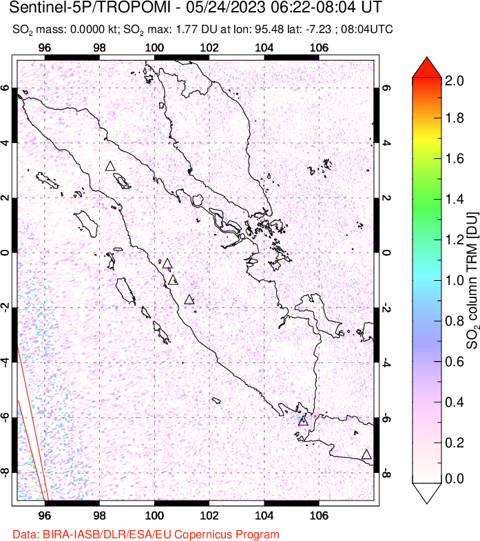 A sulfur dioxide image over Sumatra, Indonesia on May 24, 2023.