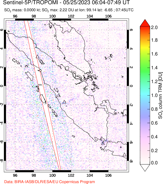 A sulfur dioxide image over Sumatra, Indonesia on May 25, 2023.