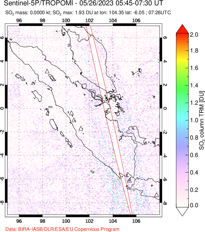 A sulfur dioxide image over Sumatra, Indonesia on May 26, 2023.