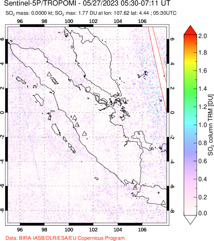 A sulfur dioxide image over Sumatra, Indonesia on May 27, 2023.
